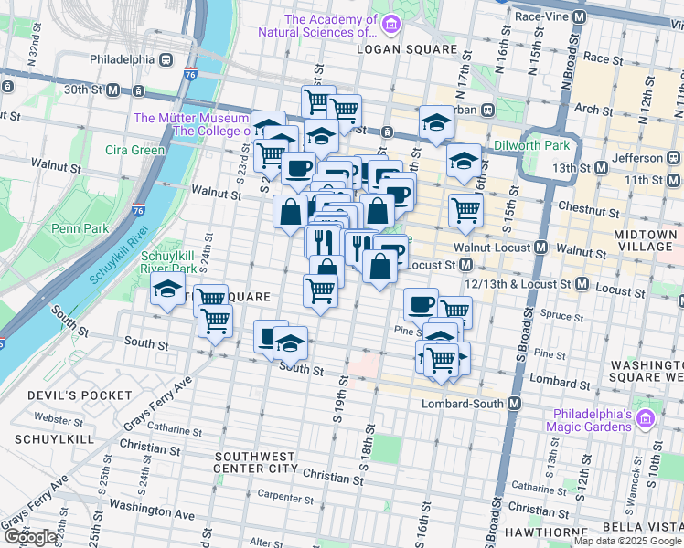 map of restaurants, bars, coffee shops, grocery stores, and more near 1928 Spruce Street in Philadelphia
