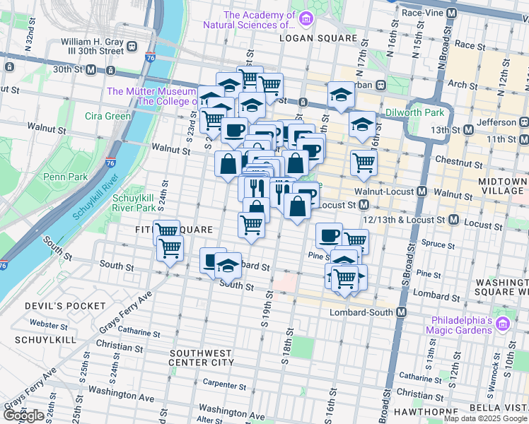 map of restaurants, bars, coffee shops, grocery stores, and more near 1928 Spruce Street in Philadelphia