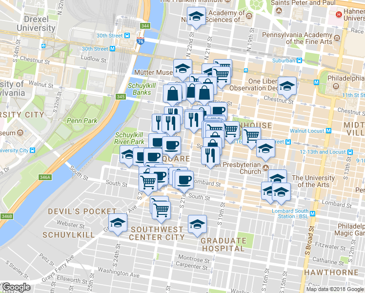 map of restaurants, bars, coffee shops, grocery stores, and more near in Philadelphia