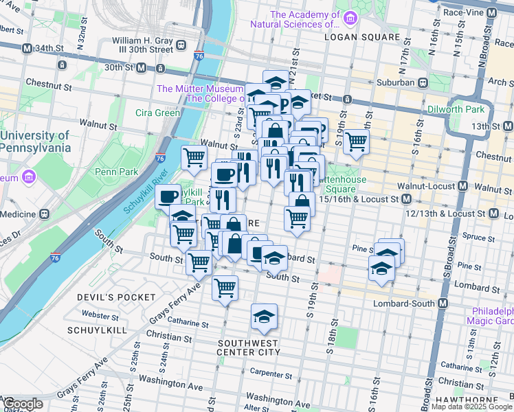 map of restaurants, bars, coffee shops, grocery stores, and more near 2100 Delancey Place in Philadelphia