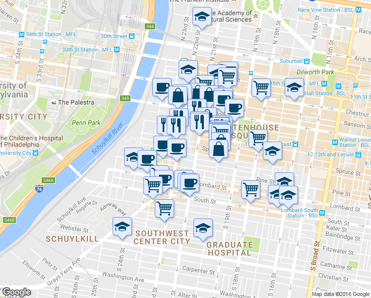 map of restaurants, bars, coffee shops, grocery stores, and more near 2100 Delancey Place in Philadelphia