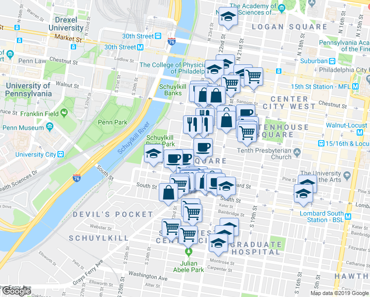 map of restaurants, bars, coffee shops, grocery stores, and more near in Philadelphia