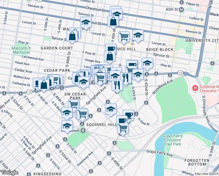 map of restaurants, bars, coffee shops, grocery stores, and more near 4500 Springfield Avenue in Philadelphia