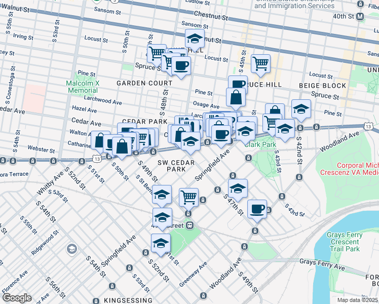map of restaurants, bars, coffee shops, grocery stores, and more near 907 South 47th Street in Philadelphia