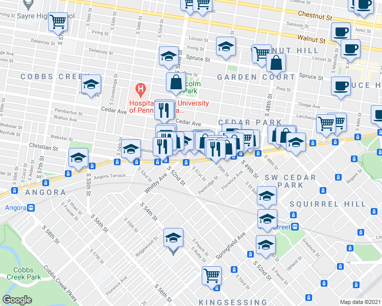 map of restaurants, bars, coffee shops, grocery stores, and more near 5047 Baltimore Avenue in Philadelphia