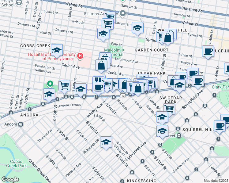 map of restaurants, bars, coffee shops, grocery stores, and more near 5047 Baltimore Avenue in Philadelphia