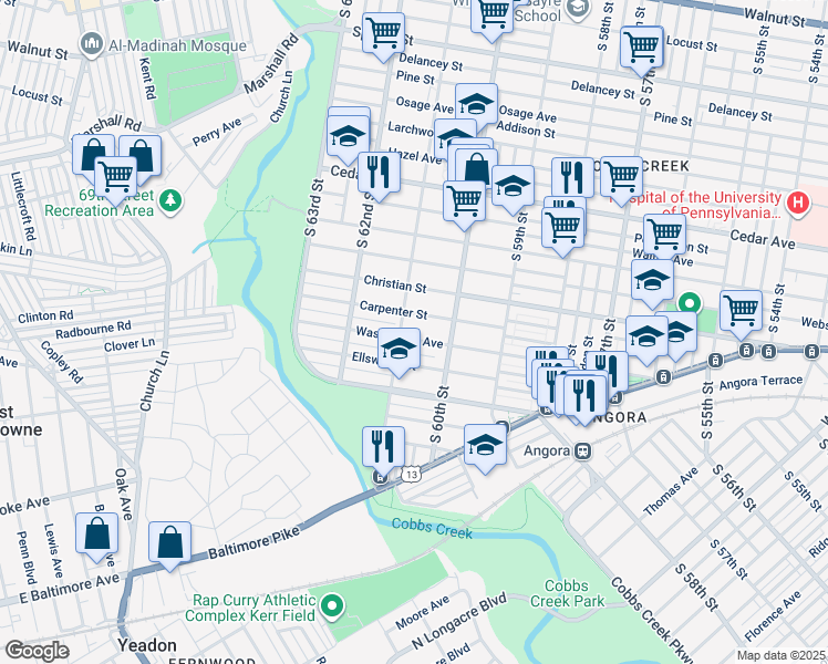 map of restaurants, bars, coffee shops, grocery stores, and more near 6020 Washington Avenue in Philadelphia