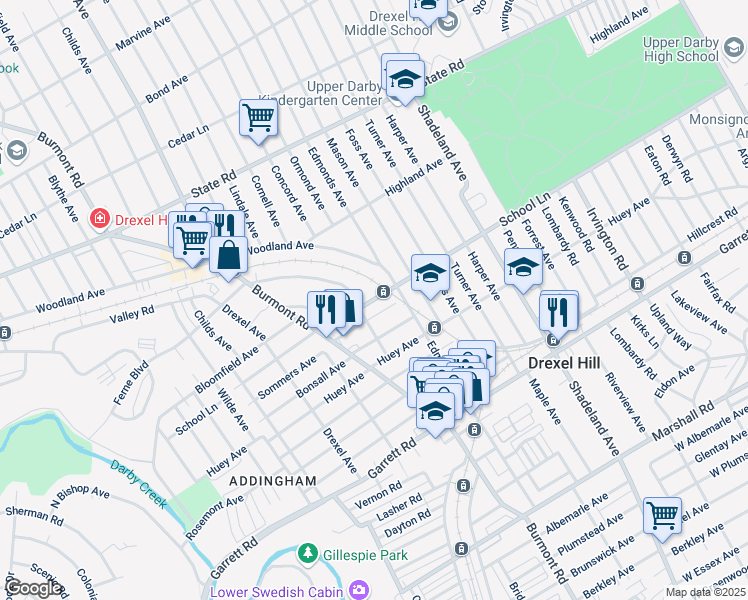 map of restaurants, bars, coffee shops, grocery stores, and more near in Drexel Hill