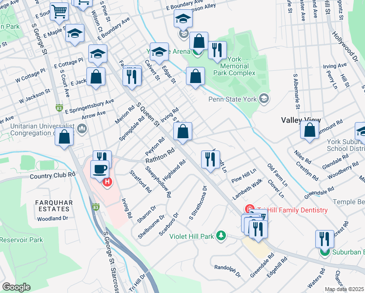map of restaurants, bars, coffee shops, grocery stores, and more near 1305 Pennsylvania 74 in York