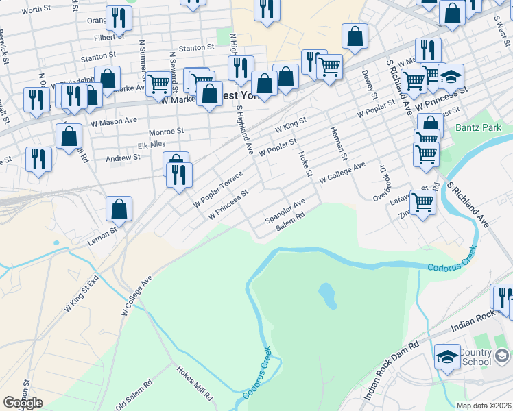 map of restaurants, bars, coffee shops, grocery stores, and more near 1445 West College Avenue in York