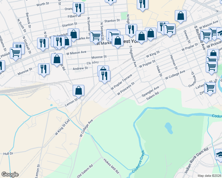 map of restaurants, bars, coffee shops, grocery stores, and more near 1616 West Poplar Terrace in West York