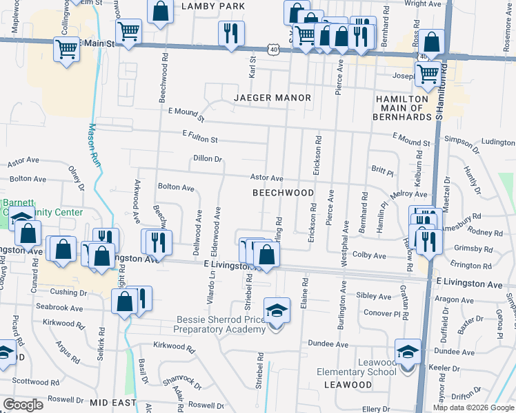 map of restaurants, bars, coffee shops, grocery stores, and more near 1267 Striebel Road in Columbus