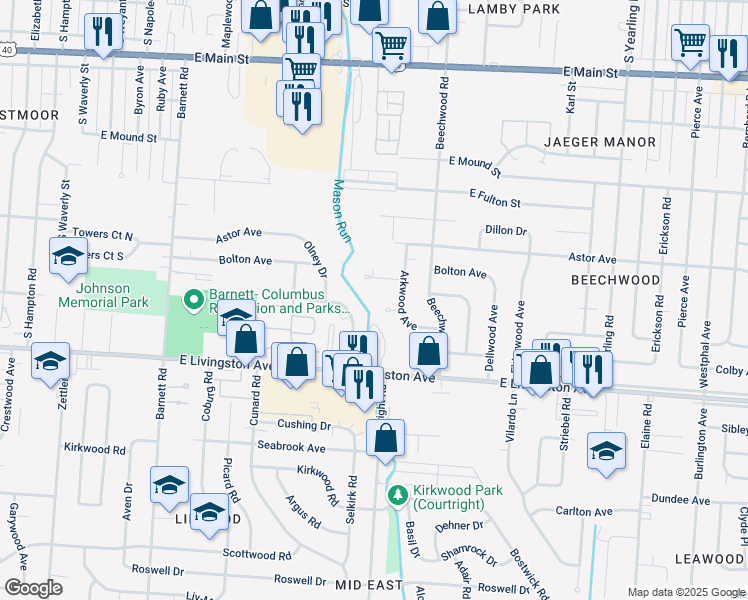 map of restaurants, bars, coffee shops, grocery stores, and more near 3733 Arkwood Court in Columbus