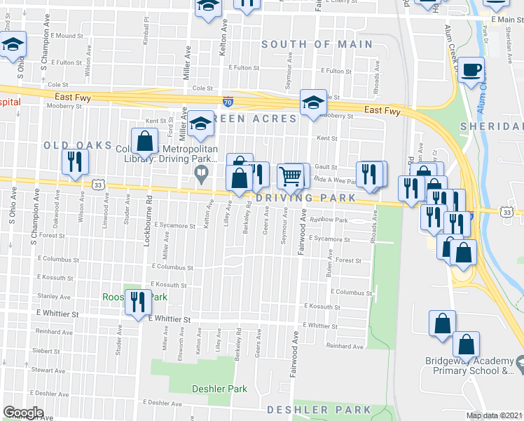 map of restaurants, bars, coffee shops, grocery stores, and more near 924 Geers Avenue in Columbus
