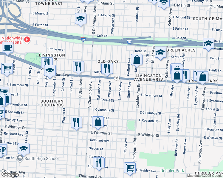 map of restaurants, bars, coffee shops, grocery stores, and more near 1151 East Sycamore Street in Columbus