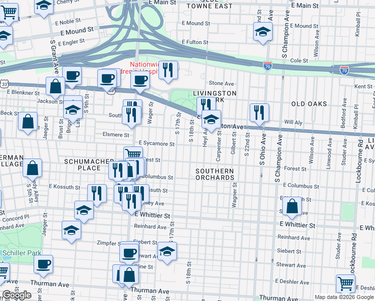 map of restaurants, bars, coffee shops, grocery stores, and more near 790 South 17th Street in Columbus