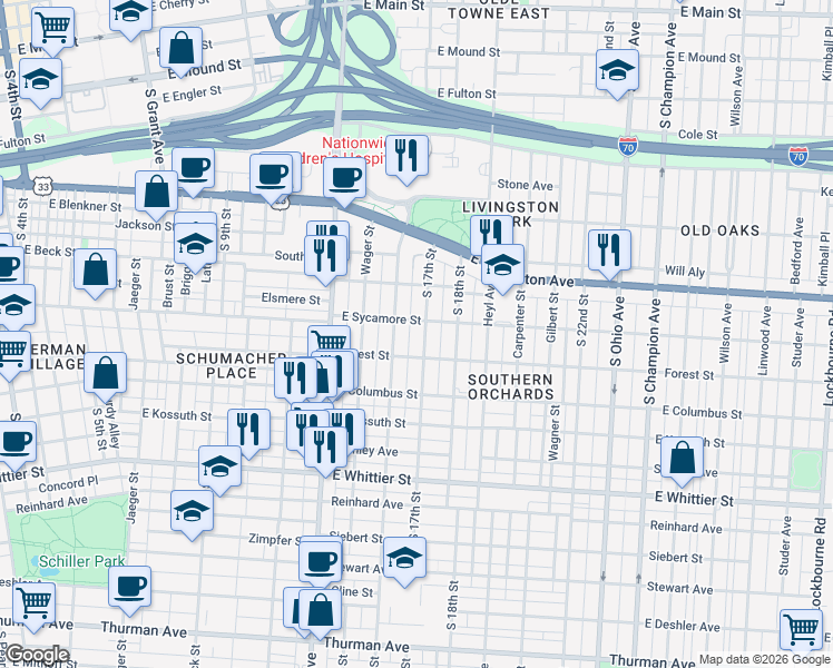 map of restaurants, bars, coffee shops, grocery stores, and more near 786 Ann Street in Columbus