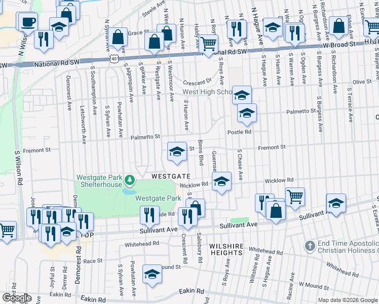 map of restaurants, bars, coffee shops, grocery stores, and more near 320 South Huron Avenue in Columbus