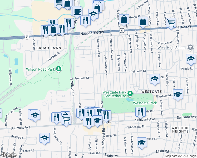 map of restaurants, bars, coffee shops, grocery stores, and more near 296 Derrer Road in Columbus