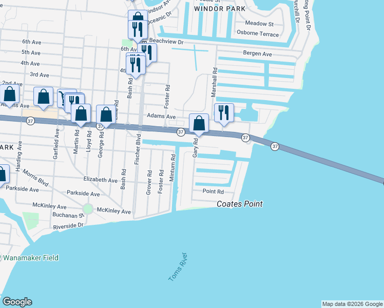 map of restaurants, bars, coffee shops, grocery stores, and more near 100 Gary Road in Toms River