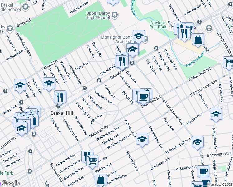 map of restaurants, bars, coffee shops, grocery stores, and more near 2426 Greenhill Road in Lansdowne