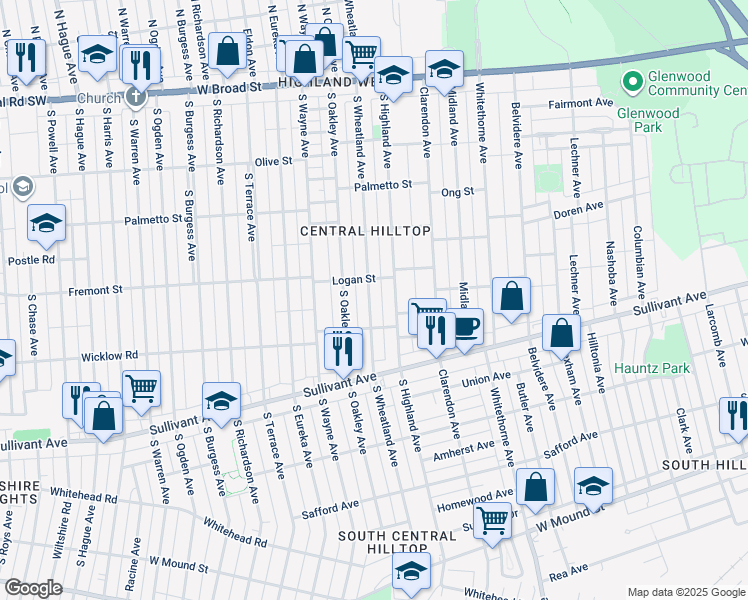 map of restaurants, bars, coffee shops, grocery stores, and more near 346 South Wheatland Avenue in Columbus