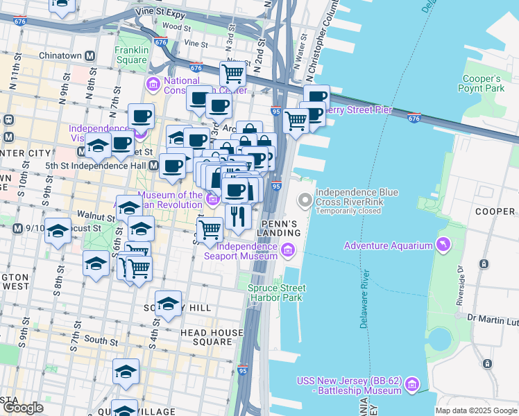 map of restaurants, bars, coffee shops, grocery stores, and more near 50 South Front Street in Philadelphia