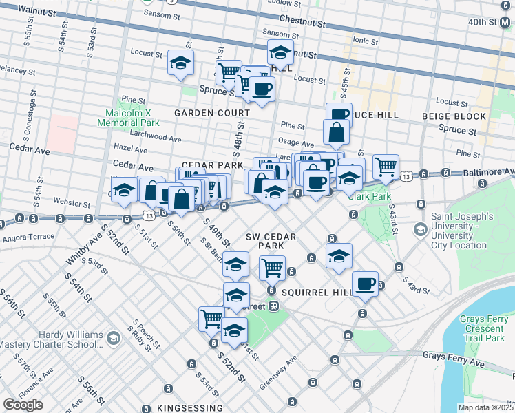 map of restaurants, bars, coffee shops, grocery stores, and more near 4710 Baltimore Avenue in Philadelphia