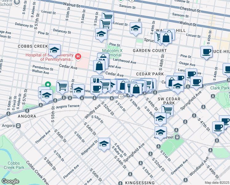 map of restaurants, bars, coffee shops, grocery stores, and more near 5047 Baltimore Avenue in Philadelphia