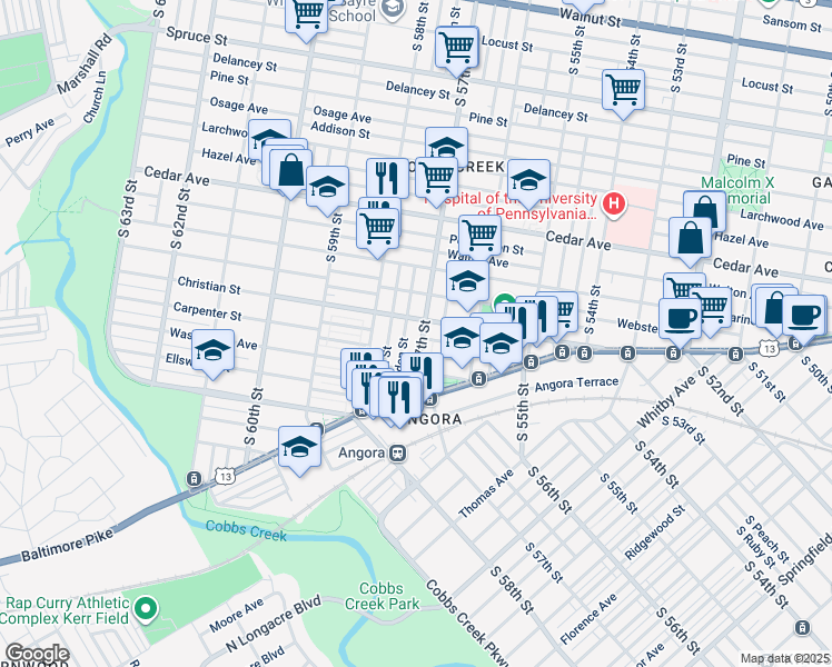 map of restaurants, bars, coffee shops, grocery stores, and more near 814 South 57th Street in Philadelphia