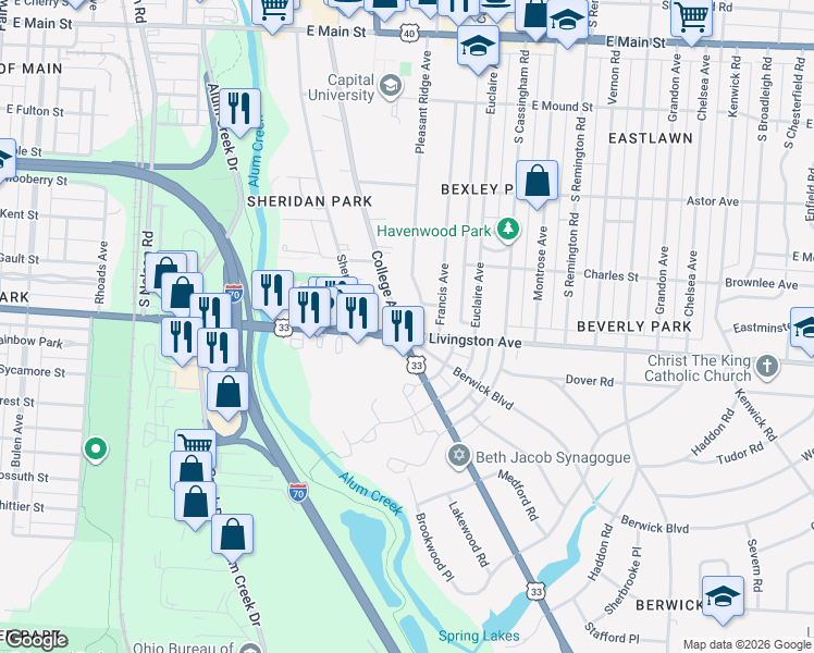 map of restaurants, bars, coffee shops, grocery stores, and more near in Columbus