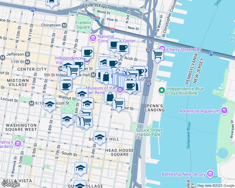 map of restaurants, bars, coffee shops, grocery stores, and more near 101 South 3rd Street in Philadelphia