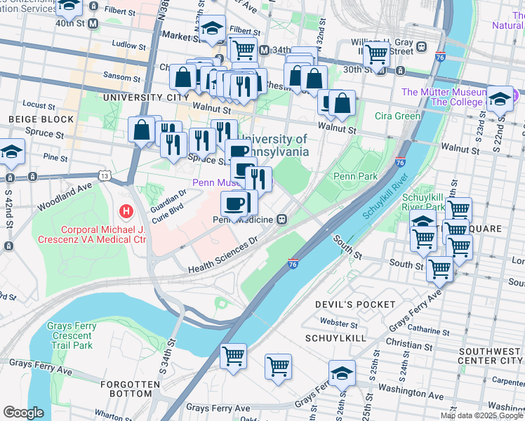 map of restaurants, bars, coffee shops, grocery stores, and more near 1 Convention Avenue in Philadelphia