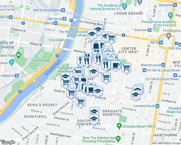 map of restaurants, bars, coffee shops, grocery stores, and more near 2123 Cypress Street in Philadelphia