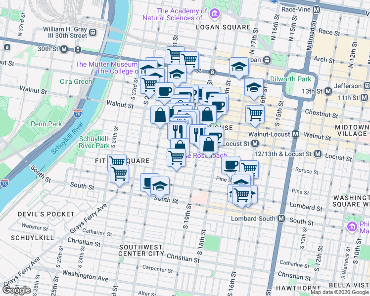 map of restaurants, bars, coffee shops, grocery stores, and more near 1928 Spruce Street in Philadelphia