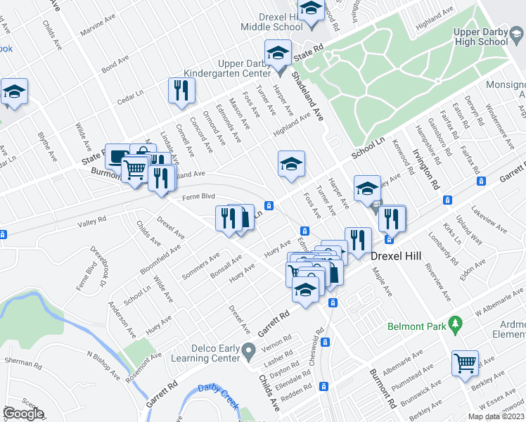 map of restaurants, bars, coffee shops, grocery stores, and more near in Drexel Hill