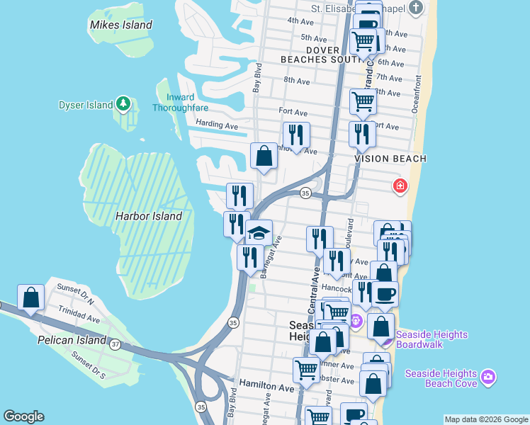 map of restaurants, bars, coffee shops, grocery stores, and more near 314 Sampson Avenue in Seaside Heights
