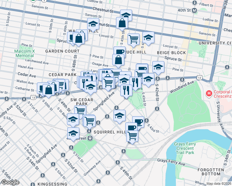 map of restaurants, bars, coffee shops, grocery stores, and more near 4500 Springfield Avenue in Philadelphia