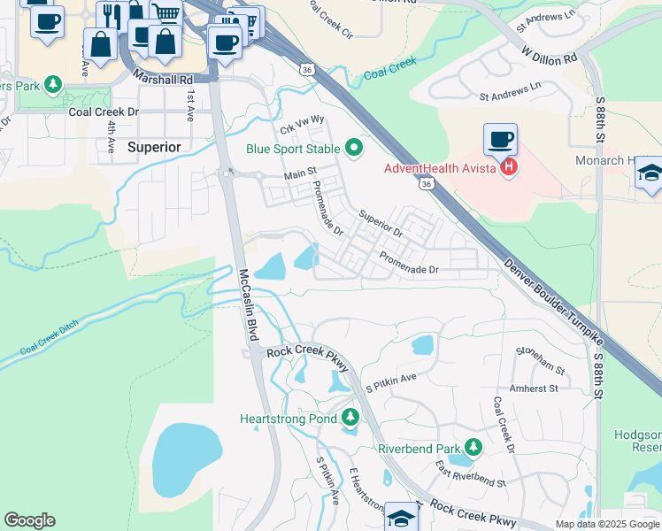 map of restaurants, bars, coffee shops, grocery stores, and more near 594 Discovery Parkway in Superior