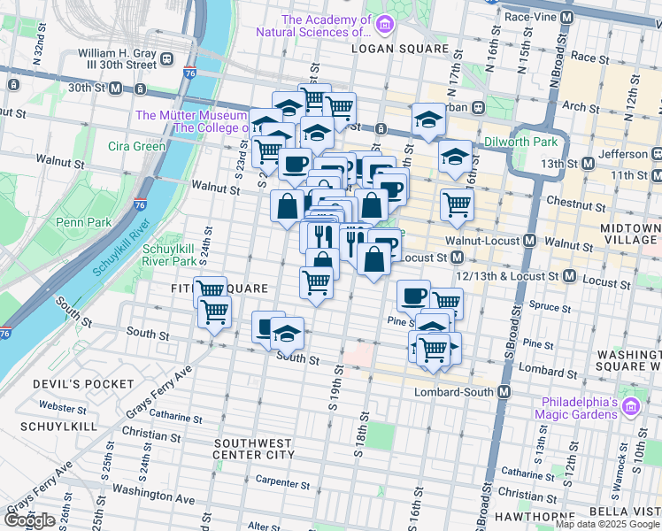 map of restaurants, bars, coffee shops, grocery stores, and more near 1929 Spruce St in Philadelphia
