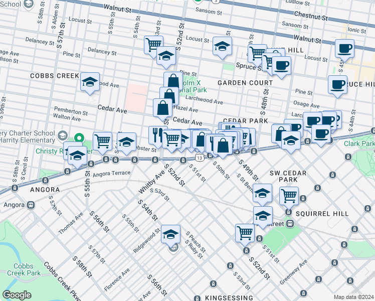 map of restaurants, bars, coffee shops, grocery stores, and more near 711 South 51st Street in Philadelphia