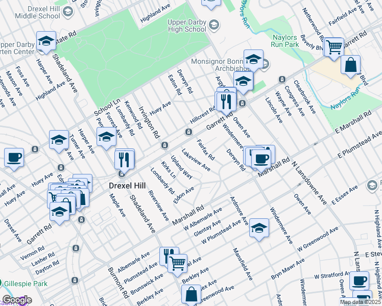 map of restaurants, bars, coffee shops, grocery stores, and more near 389 Lakeview Avenue in Drexel Hill