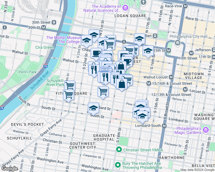map of restaurants, bars, coffee shops, grocery stores, and more near 1929 Spruce St in Philadelphia
