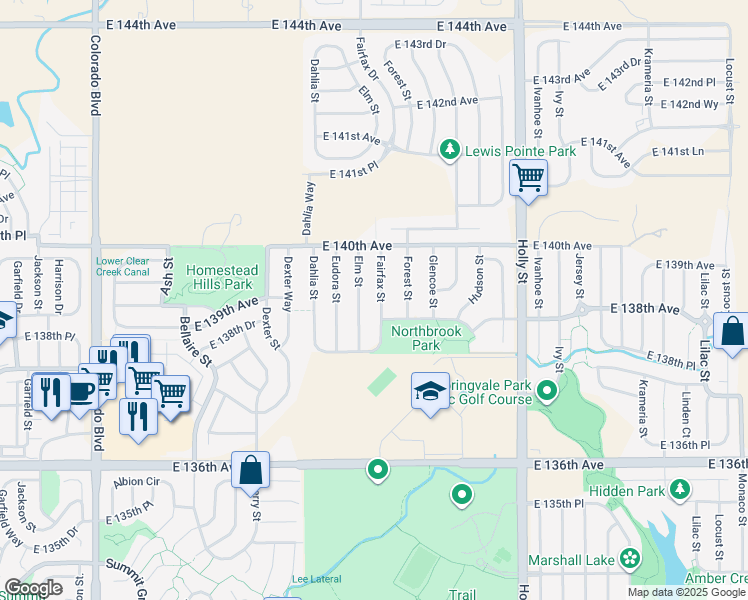 map of restaurants, bars, coffee shops, grocery stores, and more near 13903 Fairfax Street in Thornton