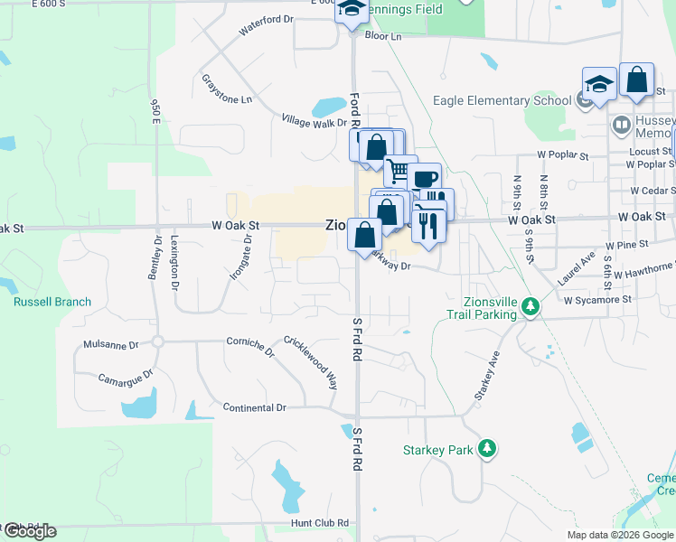 map of restaurants, bars, coffee shops, grocery stores, and more near 1422 Hunters Point Drive in Zionsville