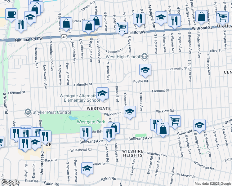 map of restaurants, bars, coffee shops, grocery stores, and more near 301 Binns Boulevard in Columbus