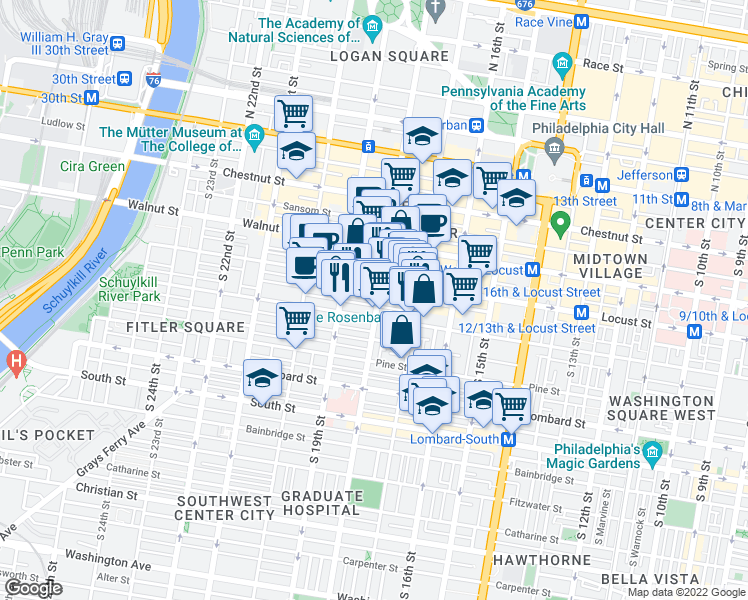 map of restaurants, bars, coffee shops, grocery stores, and more near 250 South 18th Street in Philadelphia