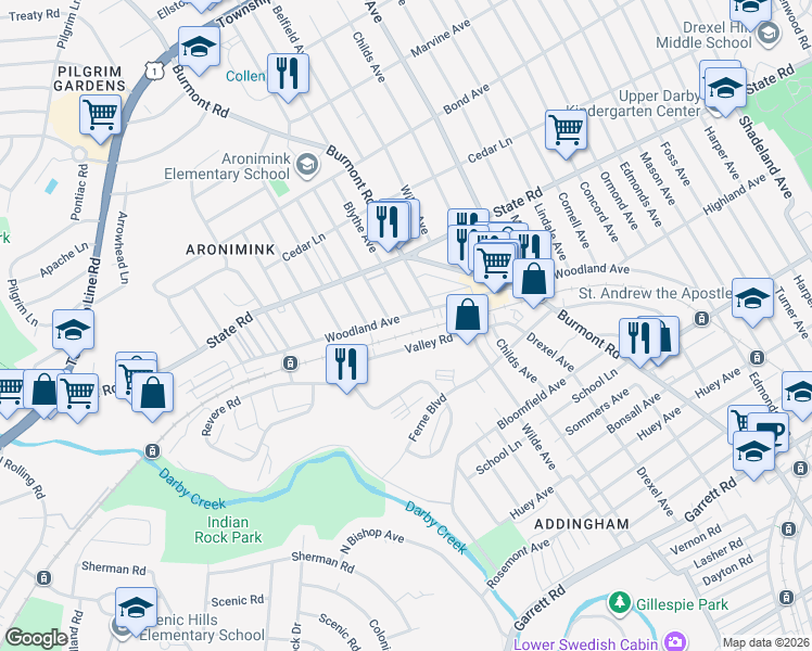 map of restaurants, bars, coffee shops, grocery stores, and more near 4628 Woodland Avenue in Upper Darby