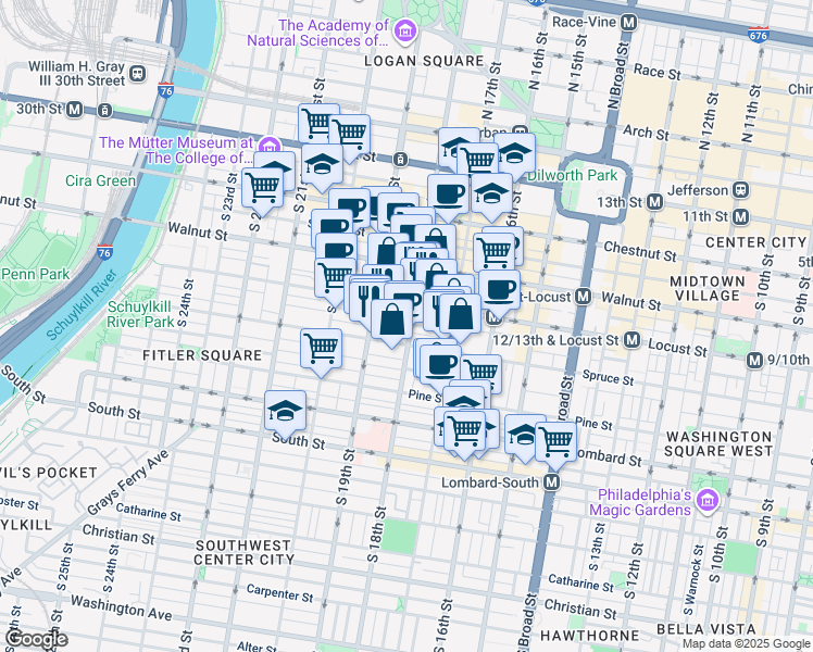 map of restaurants, bars, coffee shops, grocery stores, and more near 250 South 18th Street in Philadelphia