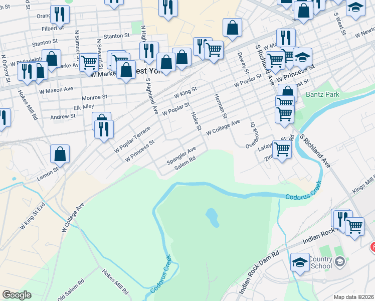 map of restaurants, bars, coffee shops, grocery stores, and more near 1345 Salem Road in York